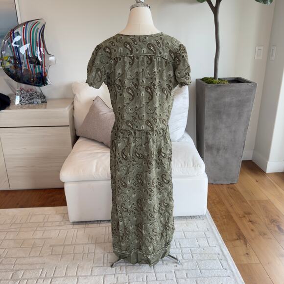 Christy Dawn Olive Green Paisley Midi Dress V-Neck Drawstring Waist Size M - Picture 5 of 6